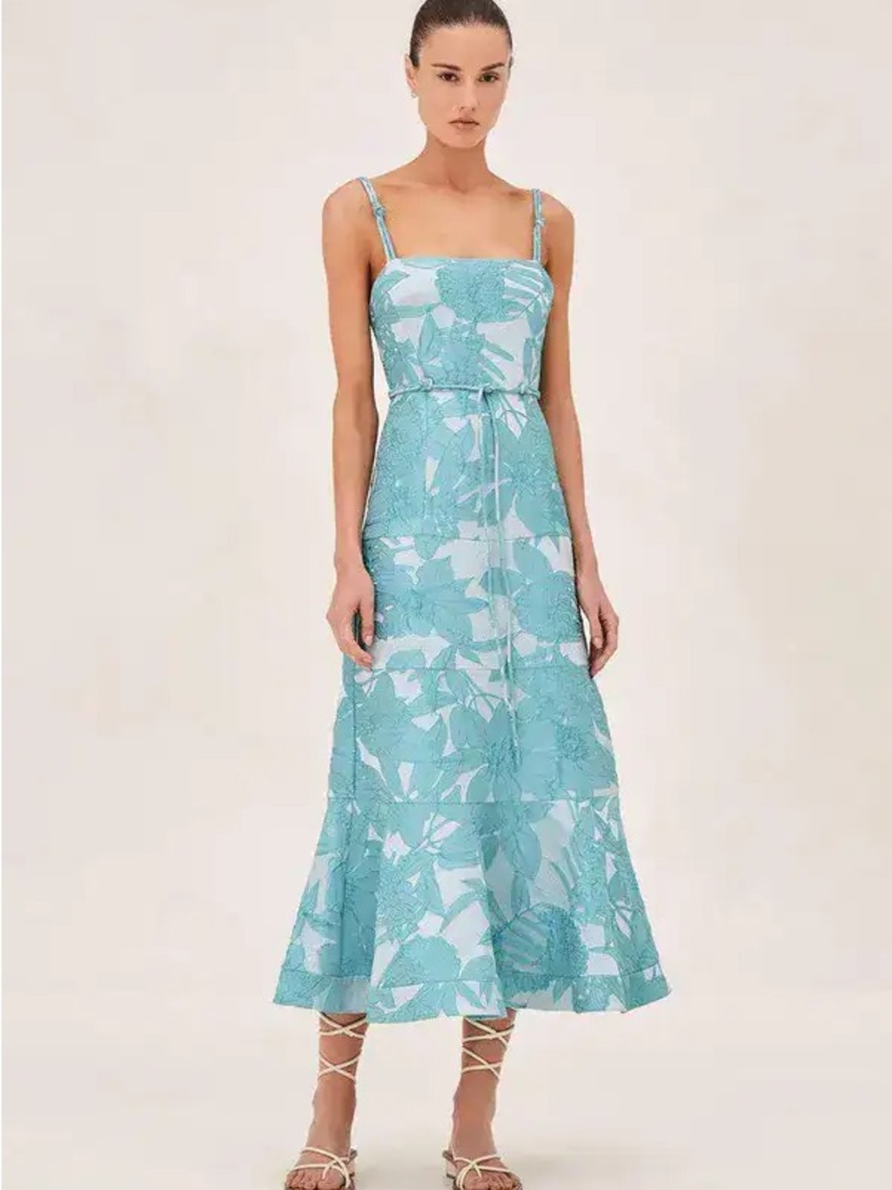 Alexis Aqua Floral Tie-Detail Midi Dress
